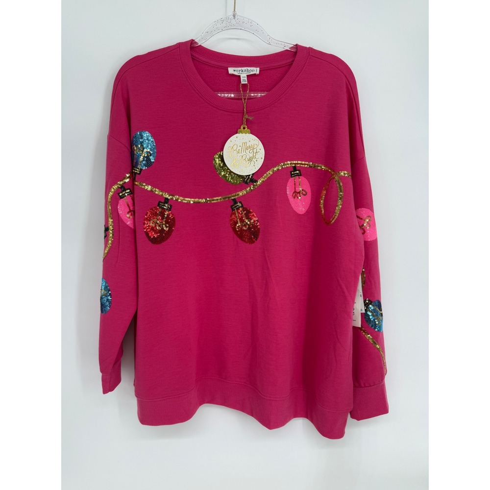 Workshop Republic Hot Pink Sequin Christmas Lights Sweatshirt 1X Orig $78 NWT